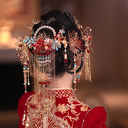 中式新娘头饰饰品古典结婚红蓝色大后期流苏，古风婚礼秀禾发饰