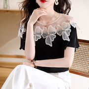 2023韩国气质显瘦圆领网纱拼接钉珠立体花朵短袖雪纺衫女夏季