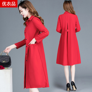 红色风衣女春装2023年流行韩版中长款休闲显瘦polo领秋季外套