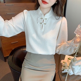 中国风高档盘扣长袖雪纺衬衫女装秋季2023洋气时髦设计感小衫