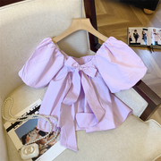 紫色蝴蝶结绑带泡泡短袖衬衫女夏季法式甜美方领娃娃衫上衣潮
