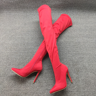 红色过膝侧拉链弹力靴女出口美国单外贸(单外贸)尖头，细跟超高跟大码长靴女
