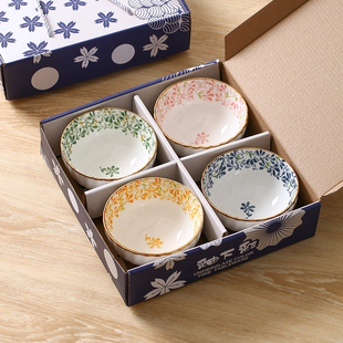 日式复古风瓷碗家用米饭碗，圆形小碗餐具套装礼盒装送礼特别好看