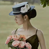 复古新娘小礼帽法式赫本风，花朵黑色珍珠，优雅平顶礼服头饰帽子