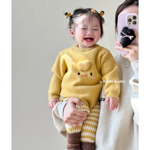 韩版婴儿卡通针织长袖连体，哈衣秋冬装男女宝宝毛衣条纹裤子2件套