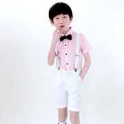 儿童花童礼服男童粉红衬衫，白色背带短裤，主持钢琴合唱表演出服