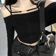黑色露肩长袖t恤女2024春季设计感小众修身短款独特别致上衣