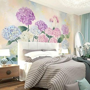简约花朵田园温馨手绘紫色绣球花沙发卧室房间背景墙壁纸墙布壁画