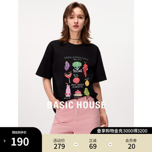 Basic House/百家好卡通印花短袖T恤女2024夏季落肩宽松半袖