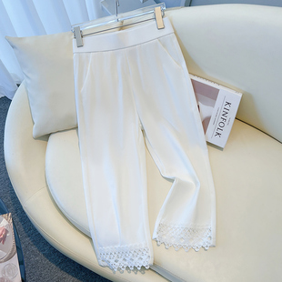 白色七分裤女夏季薄款2023小个子，高弹力(高弹力，)蕾丝裤外穿直筒休闲裤