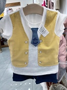 韩国中小童装 23夏男童黄色假马甲帅气短袖T恤 短裤领带套装