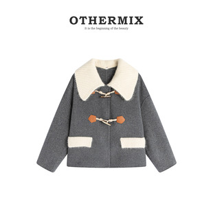 othermix100%纯羊毛外套女设计感针织拼接羊毛优雅淑女风羊毛夹克