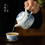 仿古泥青花茶壶|复古风，中式青瓷山水古诗釉下彩，陶瓷功夫小壶茶具