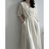 V领褶皱短袖白色连衣裙2024夏法式复古气质收腰中长款茶歇裙