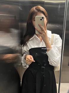 PPSHD韩国chic春季复古气质翻领拼接假两件长袖收腰双排扣连衣裙
