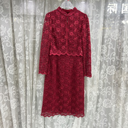 蔻cal2302商场专卖2024春时尚女装红色，蕾丝旗袍裙酒宴婚礼连衣裙