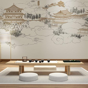 新中式电视背景墙壁纸客厅卧室影视墙壁画书房办公室壁布线描阁楼