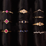 日本珠宝设计18k金钻石(金钻石)细戒指轻奢珠宝叠戴戒指红宝石蓝宝石