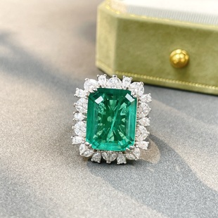 纯银s925戒指9克拉带絮祖母绿进口高碳钻高级感镶嵌绿宝石钻戒