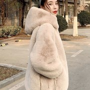 女装2023年獭兔毛皮草外套，女中长款韩版时尚宽松保暖连帽大衣