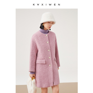 佧茜文圆领长款羊毛大衣女装2023冬季休闲简约长袖外套粉紫色