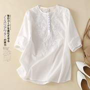 品牌外贸原单复古日系刺绣棉麻衬衣宽松圆领短袖T恤女夏