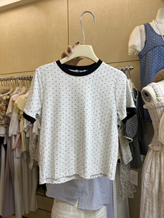 韩版夏季2024年时尚十三行撞色边设计波点个性宽松t桖上衣女t恤
