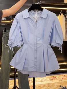 设计感小众褶皱收腰蓝色职业衬衫女2024夏季时尚泡泡袖蝴蝶结衬衣