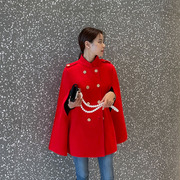 大衣女学院斗篷宽松红色，2023毛呢外套，女士蝙蝠袖中长款双面呢