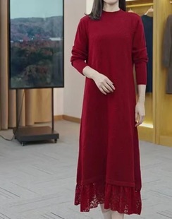 2022秋冬新纯色(新纯色)羊毛针织，连衣裙半高领洋气，减龄拼接蕾丝长裙打底衫