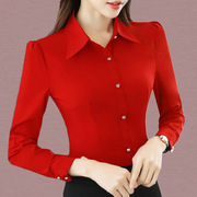 红色衬衫女长袖春季韩范修身显瘦职业装上衣女，正装工作服衬衣