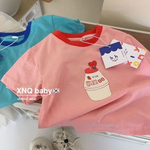 100%纯棉宝宝夏季短袖t恤潮牌韩范卡通可爱男女中小儿童粉色上衣