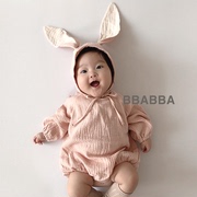 韩国童装BBABBA春男女宝宝长袖连体衣 大耳朵兔子包屁衣含帽2件套