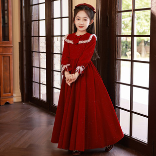 小女孩长袖礼服2024冬季红色女童公主裙主持人时尚儿童钢琴演出服