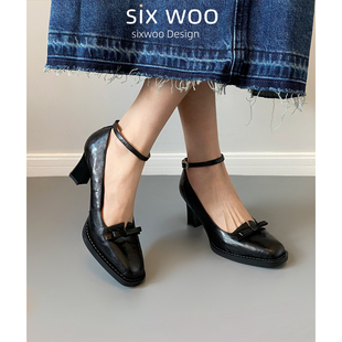 SIXWOO  法式单鞋女防水台棕色羊皮玛丽珍鞋高跟蝴蝶结小皮鞋