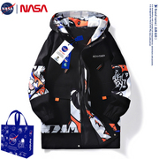 NASA中长款夹克男女春季潮牌宽松情侣涂鸦印花风衣外套