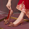红色法式婚鞋新娘鞋女2024年夏季3cm低跟秀禾婚纱两穿水晶鞋