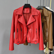 韩国皮衣女2021春秋西装领收腰款洋气红色长袖水洗夹克外套潮