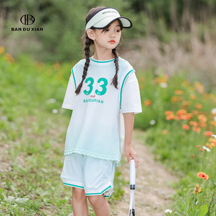 亲子女童速干运动套装夏装洋气，中大童2024女孩，夏季韩版短袖t