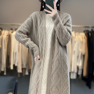 100%纯羊绒中长款开衫女v领绞花长袖针织，毛衣宽松慵懒羊毛衫外套