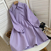 日系百搭紫色简约风，连衣裙长袖翻领简洁长裙，时尚休闲洋气