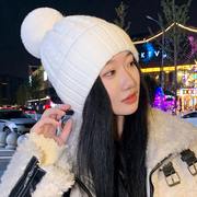 笑脸毛线帽女秋冬季韩版学生百搭保暖带毛球针织帽可爱套头帽