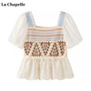 拉夏贝尔/La Chapelle法式方领镂空拼接衬衫女短袖夏季甜美娃娃衫