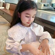 女童衬衫秋季娃娃领洋气花边长袖，白色衬衣女宝宝韩系翻领圆领上衣