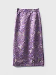 紫色重磅真丝碎花提花，半身裙子女2024龙年新中式，轻国风复古直筒裙