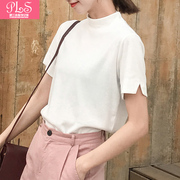 春夏季韩版半高领宽松开叉短袖体恤打底衫上衣纯色简约女装