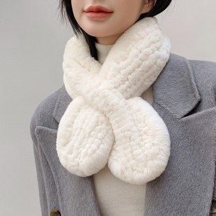 韩版獭兔毛编织领结式气质围巾双面编织冬季女秋冬皮草围脖毛领