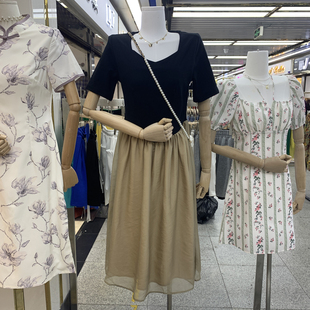 韩国东大门中长款拼接假两件韩版纯棉短袖，修身拼接撞色雪纺连衣裙