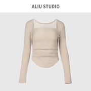 Aliu studio不规则方领加绒t恤女秋冬内搭修身显瘦短款上衣