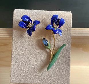 法国小众设计les珐琅3梵高鸢尾花，蓝色南法宝石ab款耳钉项链手镯